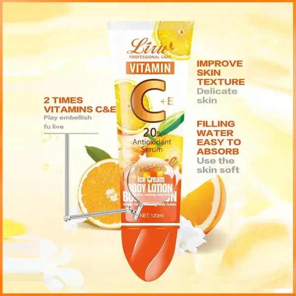 Liru Vitamin C + E 20% Brightening Body Lotion – Antioxidant Serum Lotion for Glowing, Hydrated & Even Skin Tone – 120ml Orange Ice Cream Formula