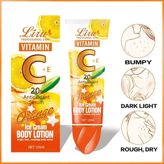 Liru Vitamin C + E 20% Brightening Body Lotion – Antioxidant Serum Lotion for Glowing, Hydrated & Even Skin Tone – 120ml Orange Ice Cream Formula